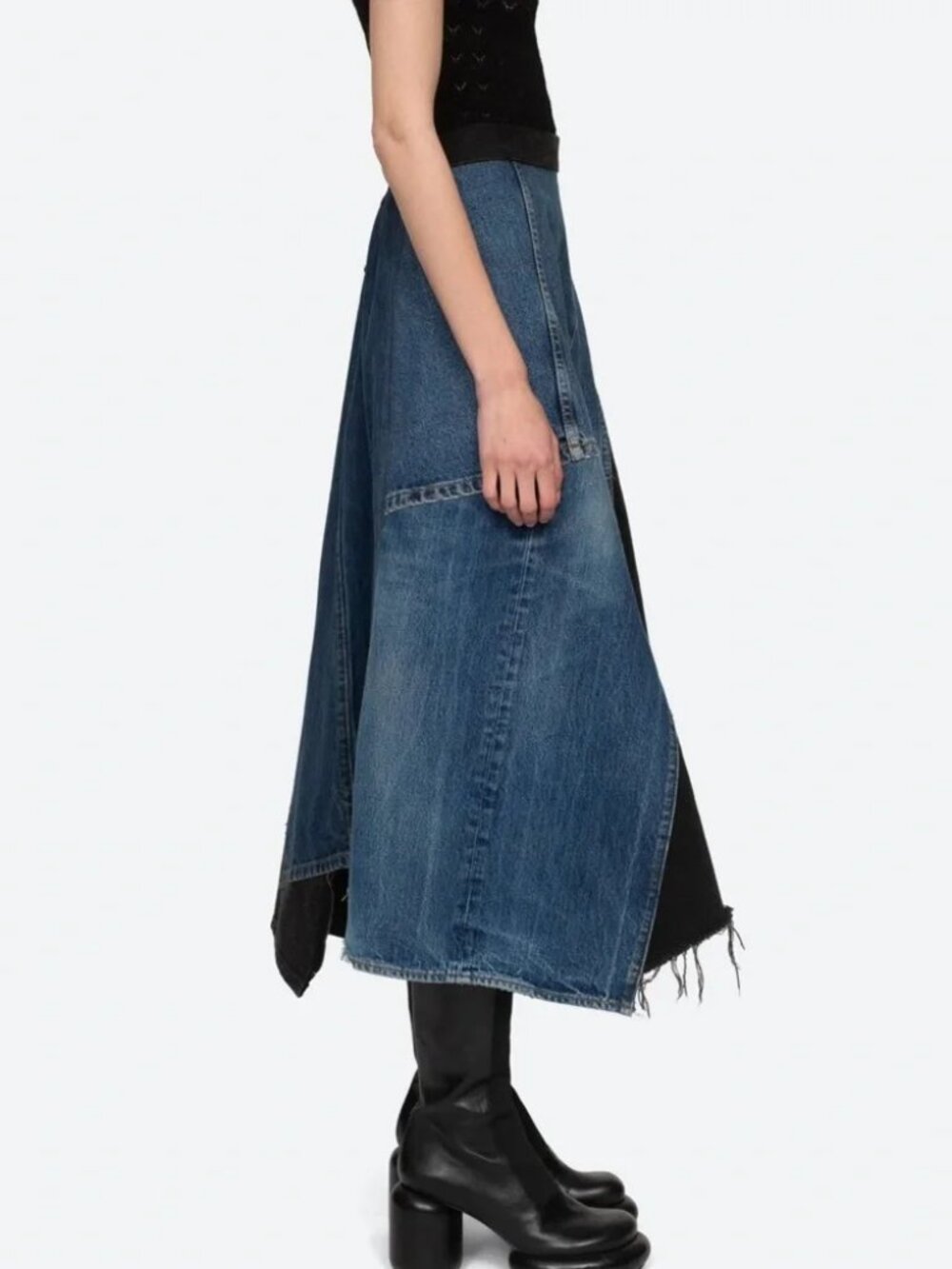 SEA New York Elena Skirt baggy pieced Denim Patchwork Midi Grunge asymmetric 6 - Picture 10 of 16